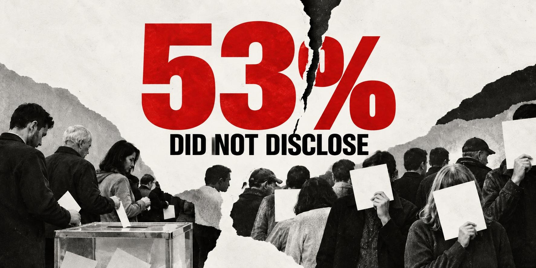 Collage: large red lettering 53% DID NOT DISCLOSE above a torn sheet; on the left, voters drop ballots into a transparent ballot box; on the right, people hide their faces behind white sheets of paper