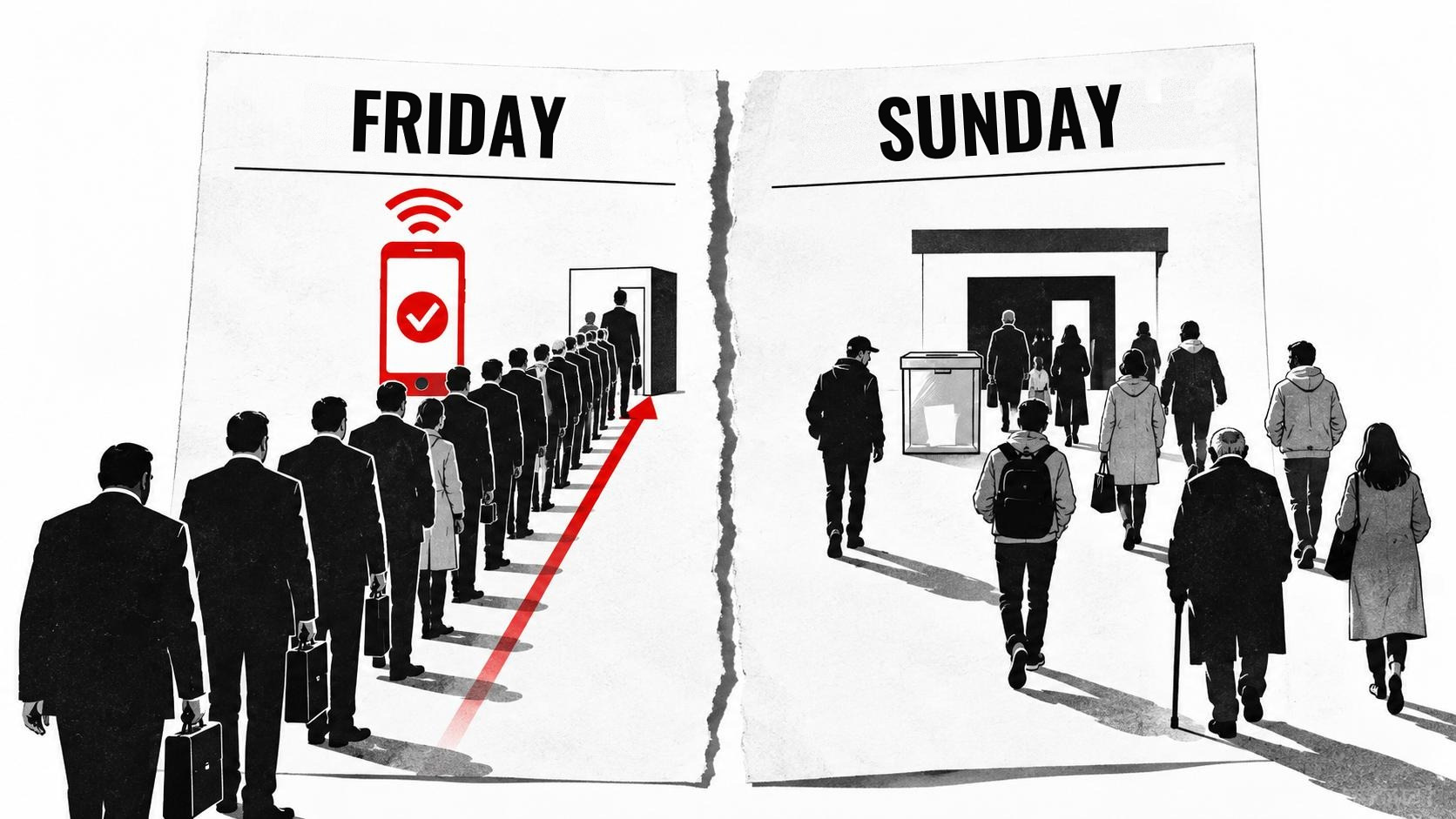 Illustration on two torn sheets of paper. On the left, under the heading Friday, a queue of identical people in suits files towards a voting booth along a red arrow; above them a red smartphone with a tick, the symbol of online voting. On the right, under the heading Sunday, a mix of people, young and old, with backpacks and bags, walk towards a polling station with a transparent ballot box.