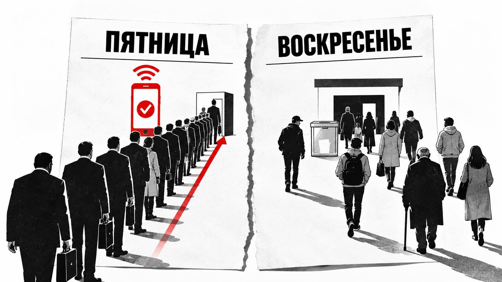 Иллюстрация в два разорванных листа. Слева, под заголовком «Пятница», очередь одинаковых людей в костюмах идёт к кабинке для голосования вдоль красной стрелки; над ними — красный смартфон с галочкой, символ электронного голосования. Справа, под заголовком «Воскресенье», разные люди — молодые, пожилые, с рюкзаками и сумками — идут к избирательному участку с прозрачной урной.