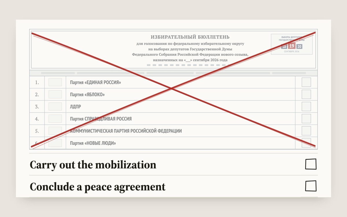 A State Duma ballot paper: the list of six parties is struck through with a large red cross, and below the rule two options are set in large type with empty check boxes – carry out the mobilization, or conclude a peace agreement.